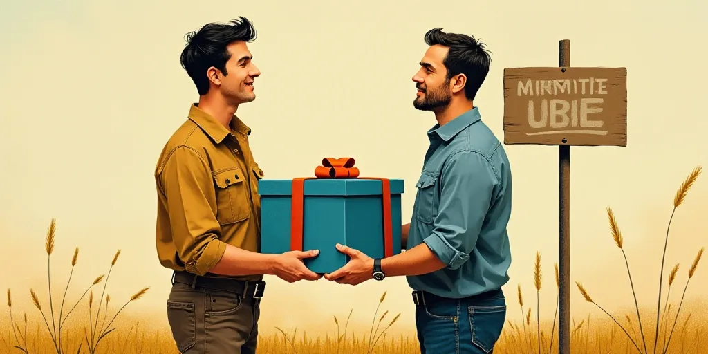 two men standing next to each other holding a blue box with a bow on it and a sign behind them, Fede