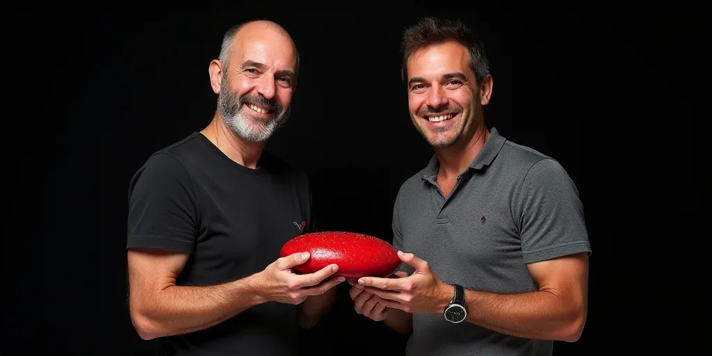 two men standing next to each other holding a red object in their hands and smiling at the camera wi