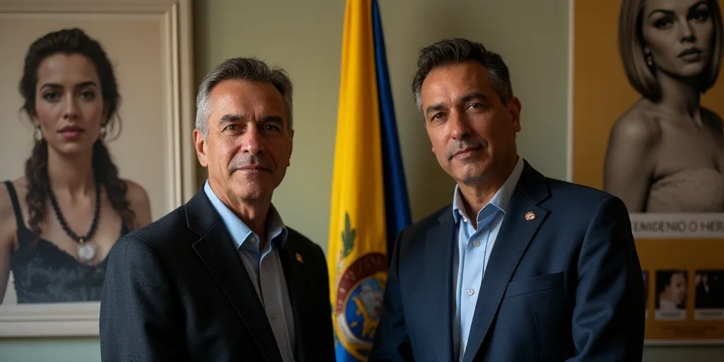 two men standing next to each other in front of a flag and a picture of a woman on the wall, Federic