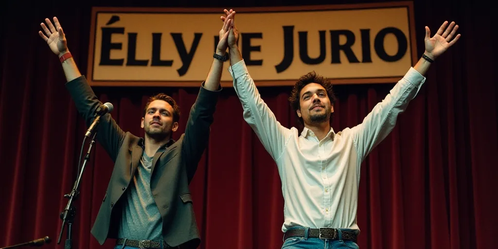 two men with their hands up in the air on stage with a sign behind them that says elly de jurio, Edd