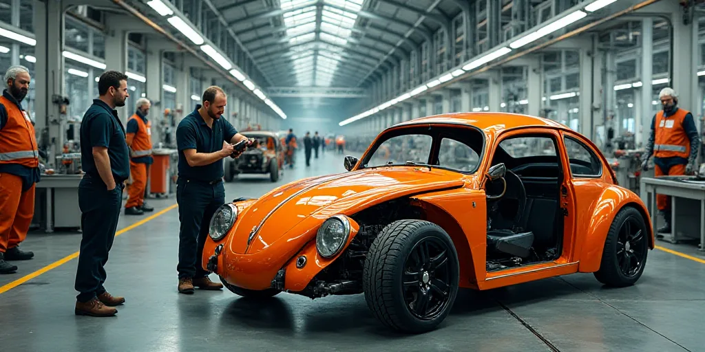 two men working on a car in a factory with other workers in the background looking at the car in the