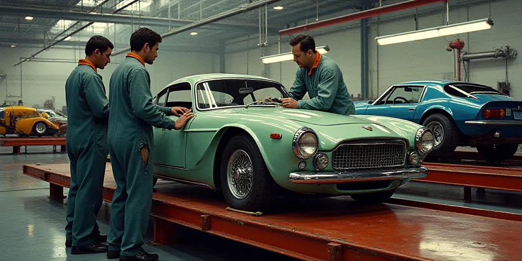 two men working on a car in a factory with other workers nearby on a platform with a car in the back