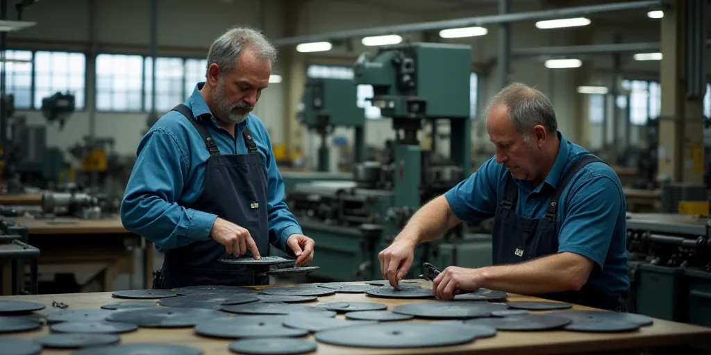 two men working on a machine in a factory with other machines in the background and a table with a l