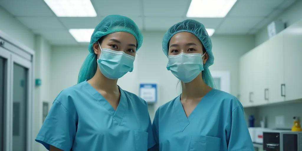 two nurses wearing masks and masks in a hospital room with a refrigerator and freezer behind them an