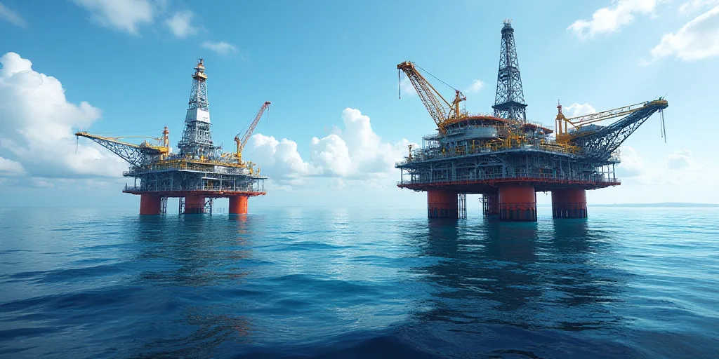 two oil rigs in the middle of the ocean with a sky background and clouds in the background,, Bascove