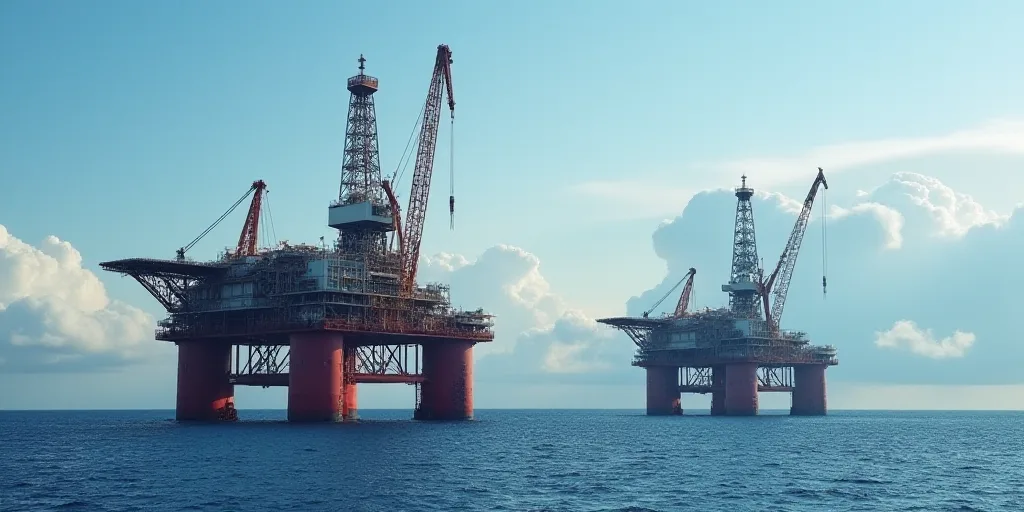 two oil rigs in the middle of the ocean with a sky background and clouds in the background,, Constan