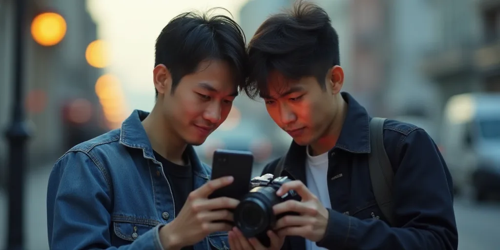 two people are looking at a cell phone together, one of them is holding a camera and the other is ho
