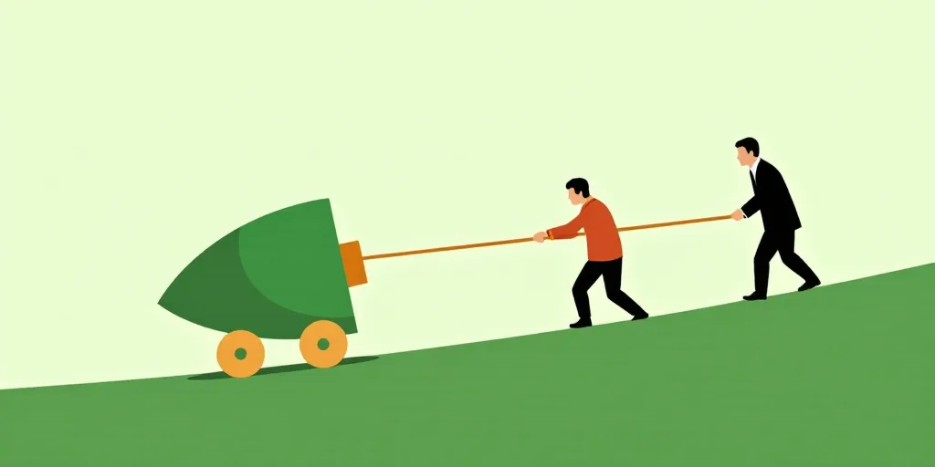 two people are trying to pull a large green object up a hill with a rope on it and a man is holding
