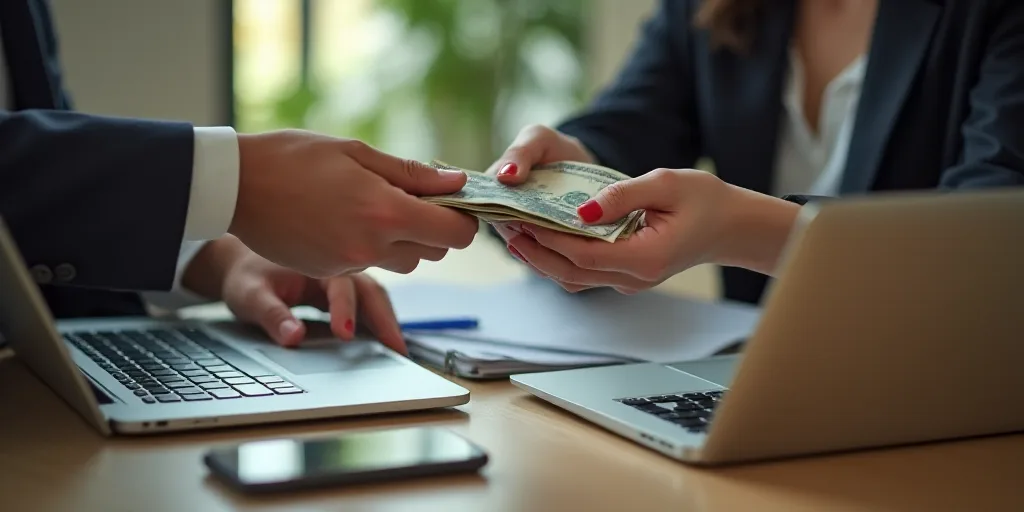 two people exchanging money in their hands on a table with a cell phone and a laptop on it,, Bouchta