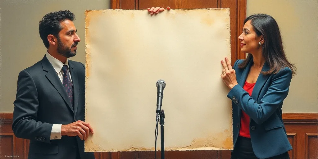 two people holding up a large document in front of a microphone and a microphone stand behind them w