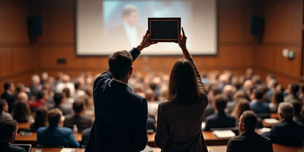 two people holding up a plaque in front of a crowd of people at a conference hall with a banner behi