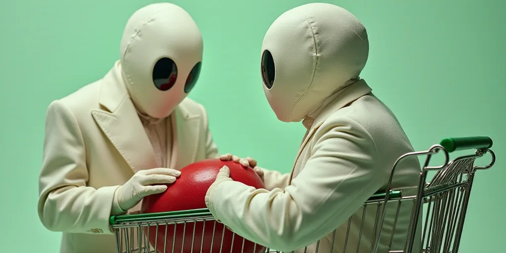 two people in white suits are in a grocery cart with a red object in front of them and a green objec