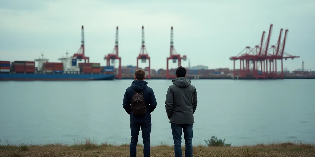 two people looking at a large container yard with cranes in the background and a body of water in th