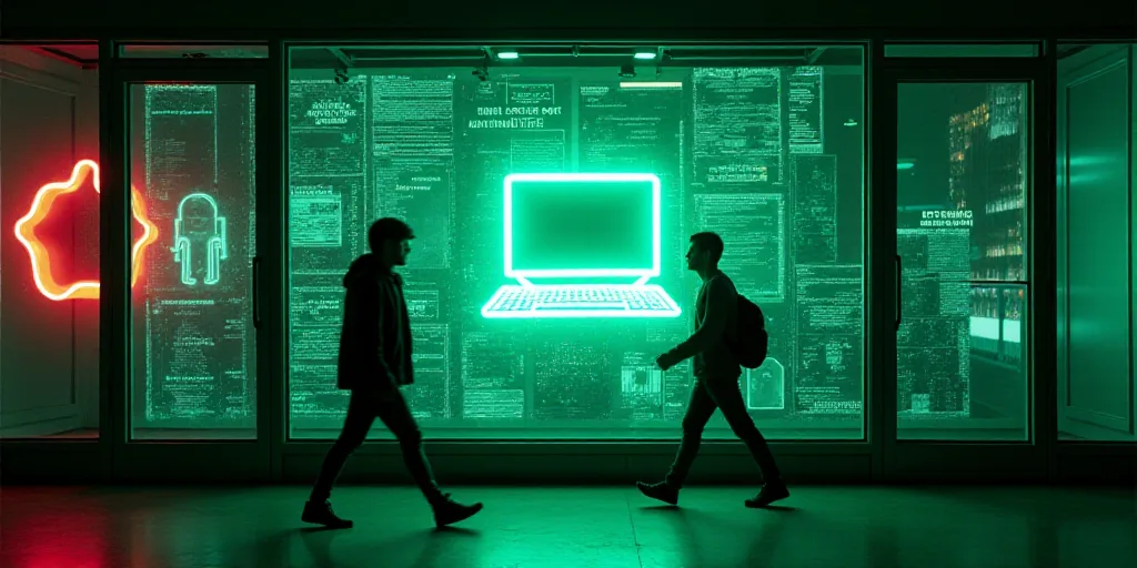 two people walking past a display of a computer screen in a building with neon lights on it and a ne