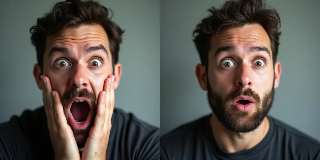 two pictures of a man with a surprised look on his face and a man with a surprised look on his face,