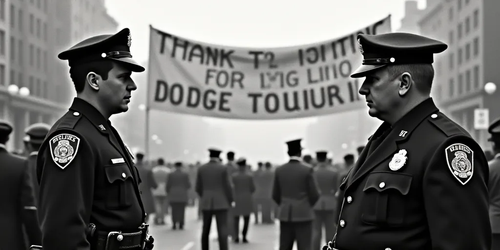 two police officers standing in front of a crowd of people on a street with a banner that reads than