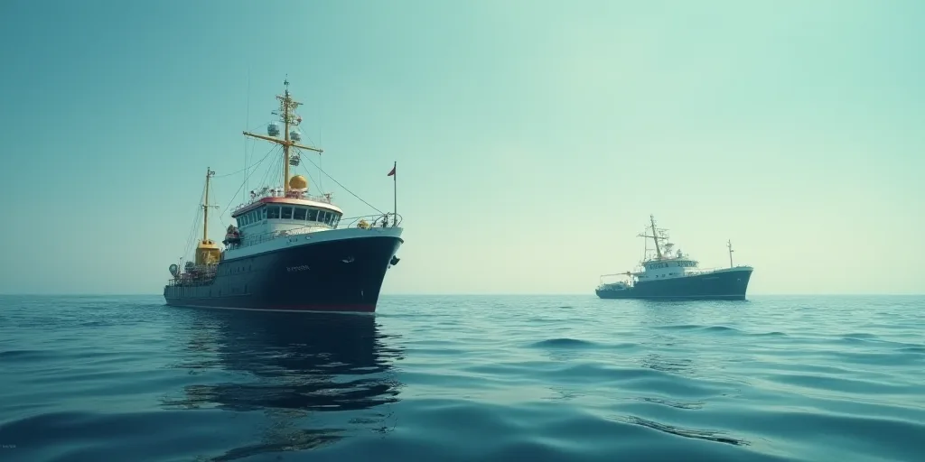 two ships in the ocean with a boat in the background and a boat in the foreground, and a boat in the