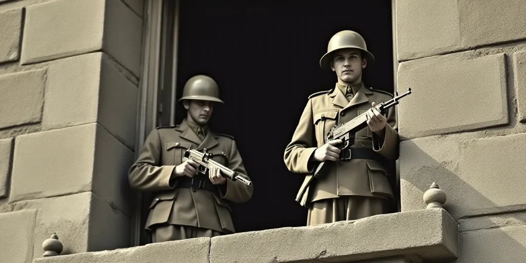 two soldiers standing on a ledge with guns in their hands and looking out the window of a building w