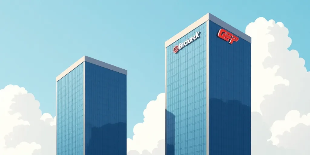 two tall buildings with a vector logo on the side of them and a sky background with clouds, Cornelis
