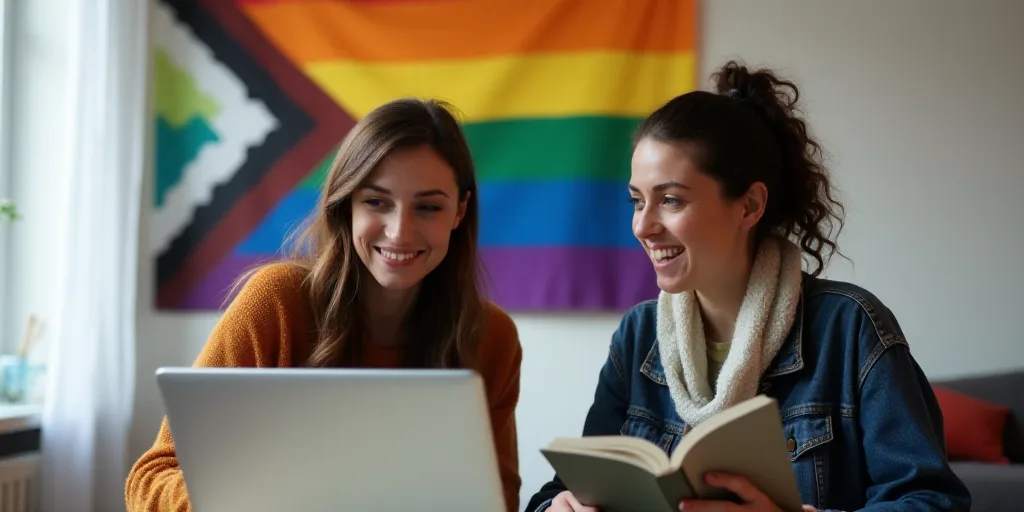 two women in a room with a laptop and a rainbow flag on the wall behind them, one of them is holding