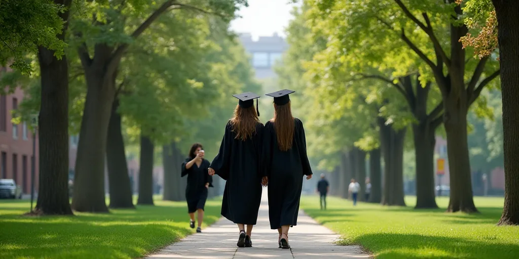two women in graduation gowns are walking in a park with trees and buildings in the background, one