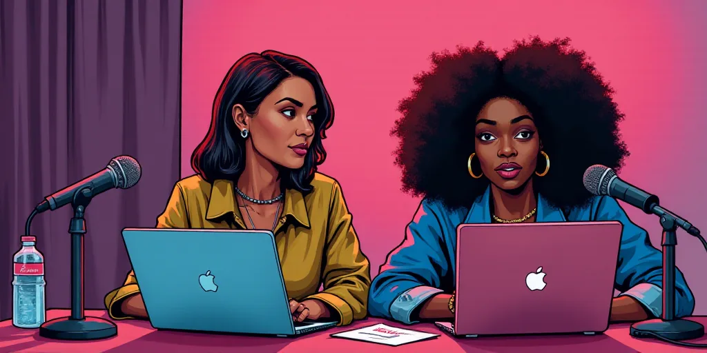 two women sitting at a table with laptops in front of them and a microphone in front of them, Aracel