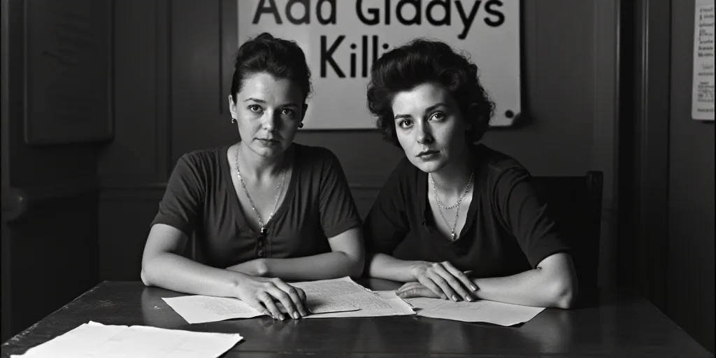 two women sitting at a table with papers in front of them and a sign behind them that says,, Ada Gla