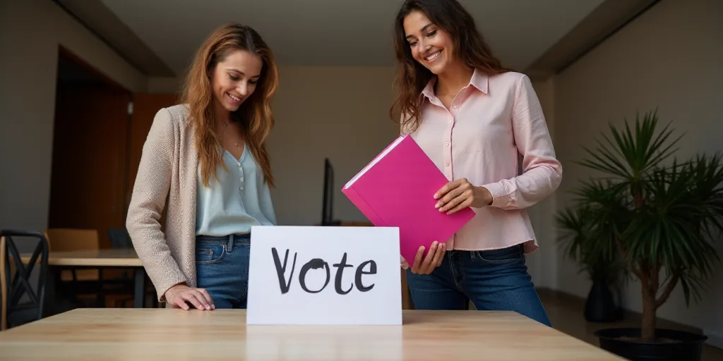two women standing at a table with a sign on it that says, vote union, and a woman holding a pink fo