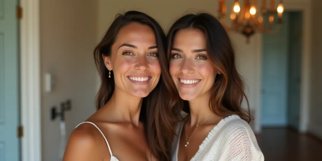 two women standing next to each other smiling for a picture together in a room with a doorway and a