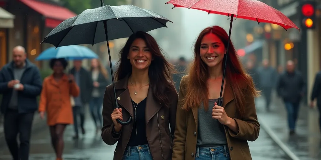 two women walking down a street holding umbrellas in their hands and smiling at the camera, with peo