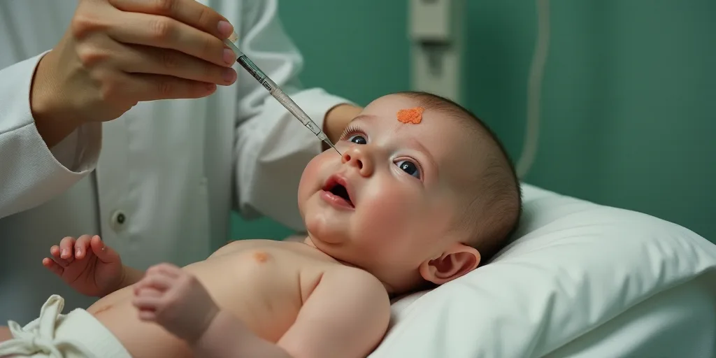 a baby is being examined by a doctor in a hospital room with a syquet on its head and a hand holding
