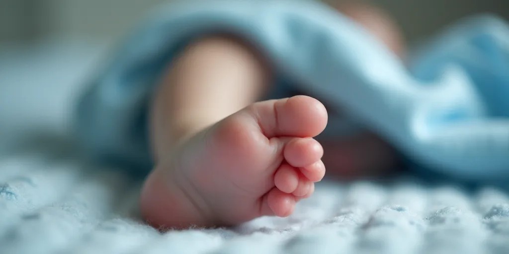 a baby's foot is laying on a blanket with a blue blanket behind it and a blue blanket behind it, Esa