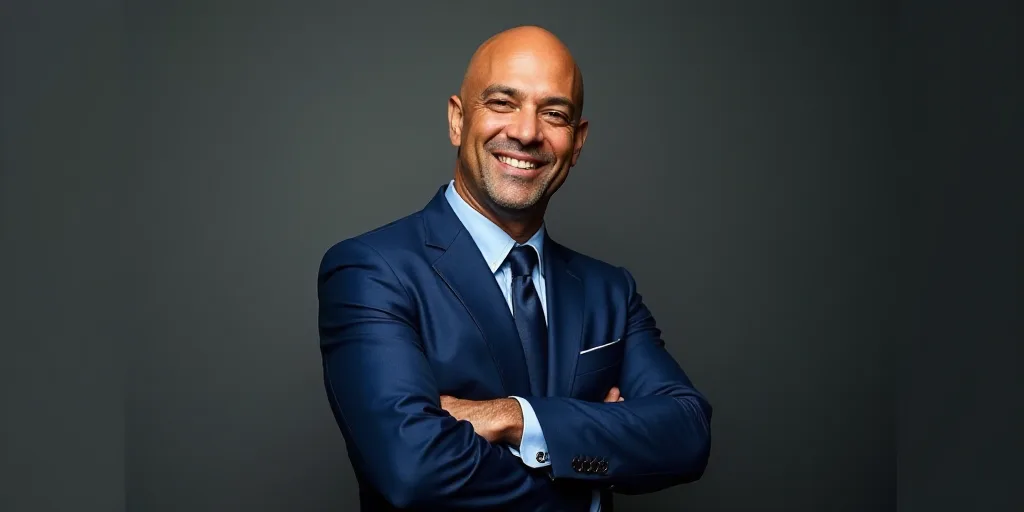 a bald man in a blue suit smiling for the camera with his arms crossed and his head tilted to the si