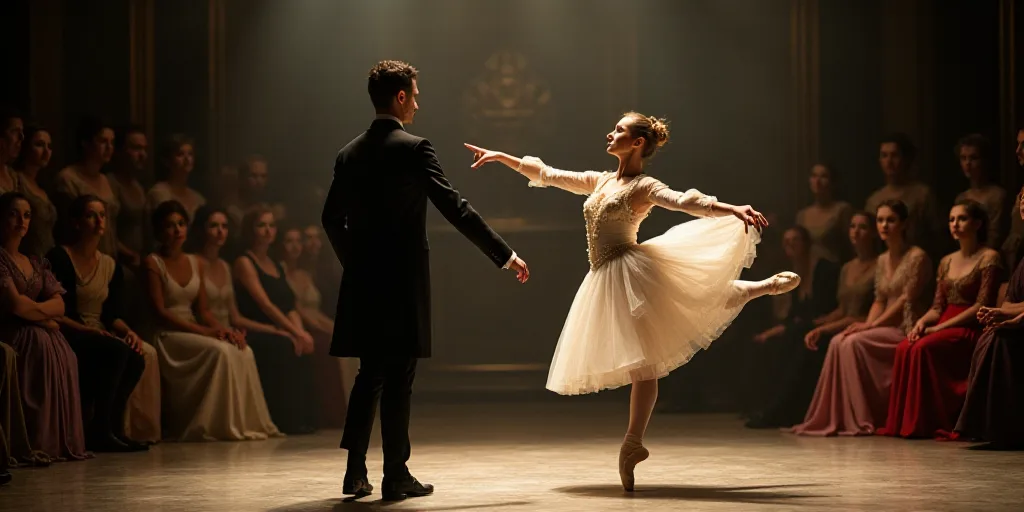 a ballerina is performing on stage with a group of people watching her and a man in a suit, Elizabet