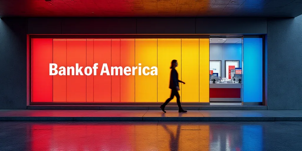 a bank of america store front with a woman walking by it and a red and yellow background with a red