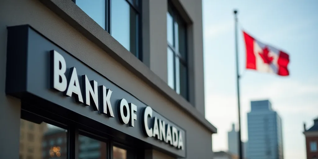 a bank of canada sign on the side of a building in canada, with a flag flying in the background, Est