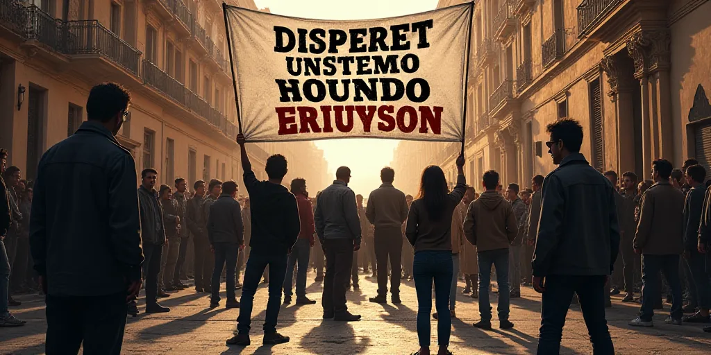 a banner with a bunch of people on it in spanish and english on a street in front of a crowd, Carlos