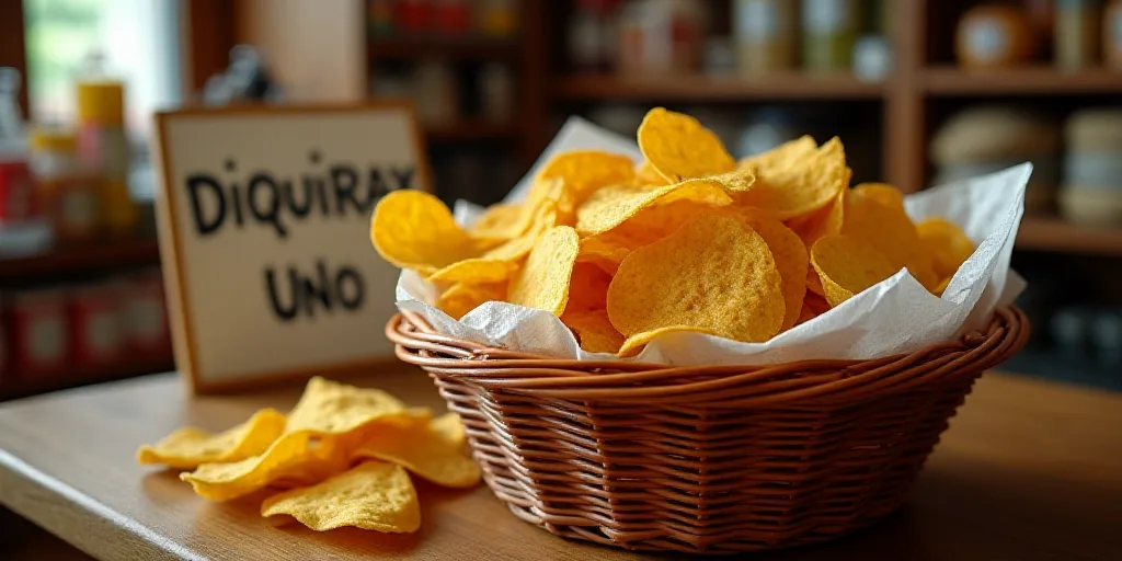 a basket full of chips and other snacks on a table in a store with a sign behind it that says dimbo,
