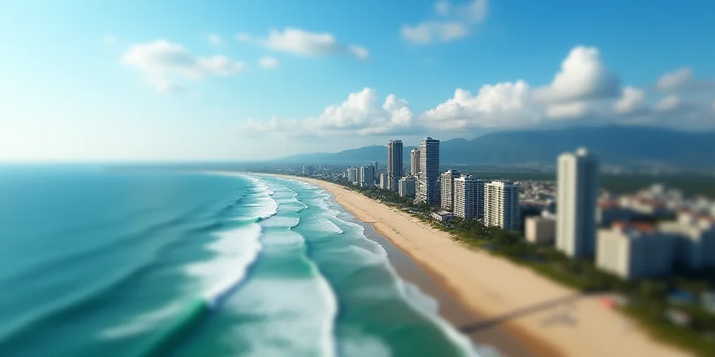 a beach and a city with tall buildings in the background and a blue sky with clouds in the backgroun