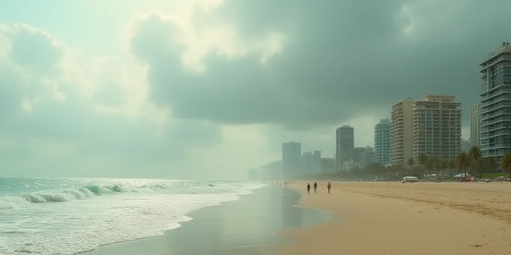 a beach with a bunch of buildings in the background and a cloudy sky above it with a few people walk