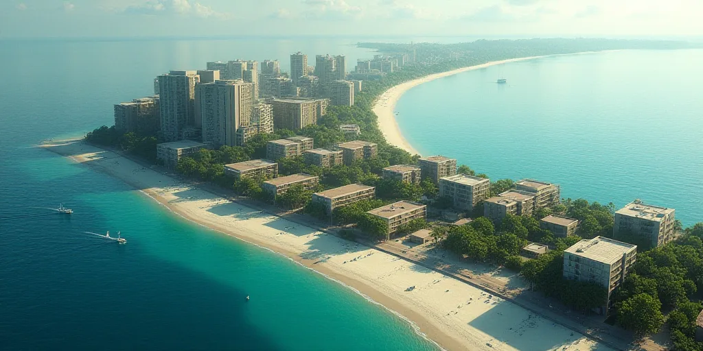 a beach with a bunch of buildings next to it and a body of water in the background with a few boats