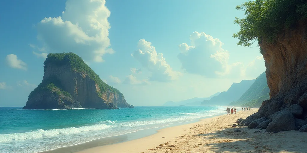 a beach with a cliff and a group of people standing on it next to the ocean and a cliff, Aquirax Uno