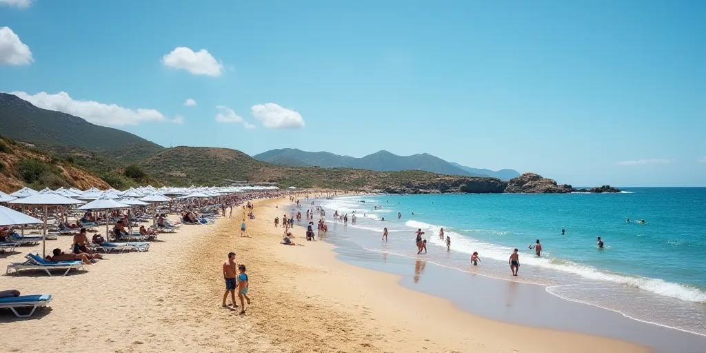 a beach with a lot of people on it and some umbrellas and chairs and people in the water, Aquirax Un