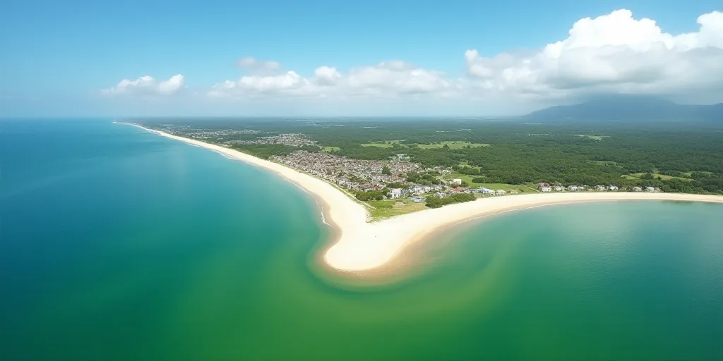 a beach with a white sand and green water and a blue sky with clouds and a few houses on the shore,