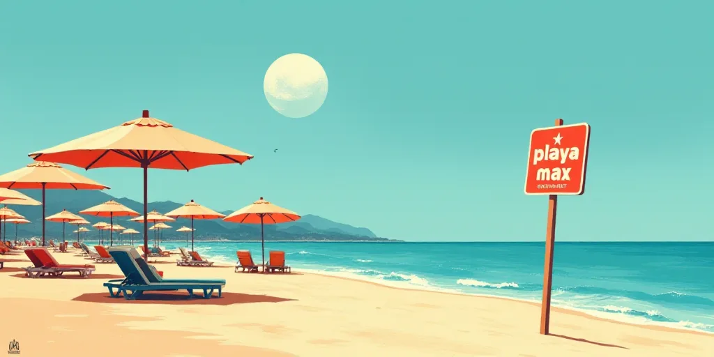 a beach with umbrellas and a sign that says playa max on it and a beach with umbrellas, Aquirax Uno,