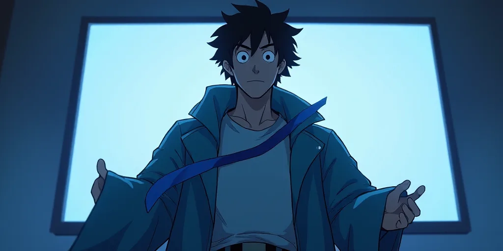 a big hero character is standing in front of a large screen with a blue ribbon around his neck and a