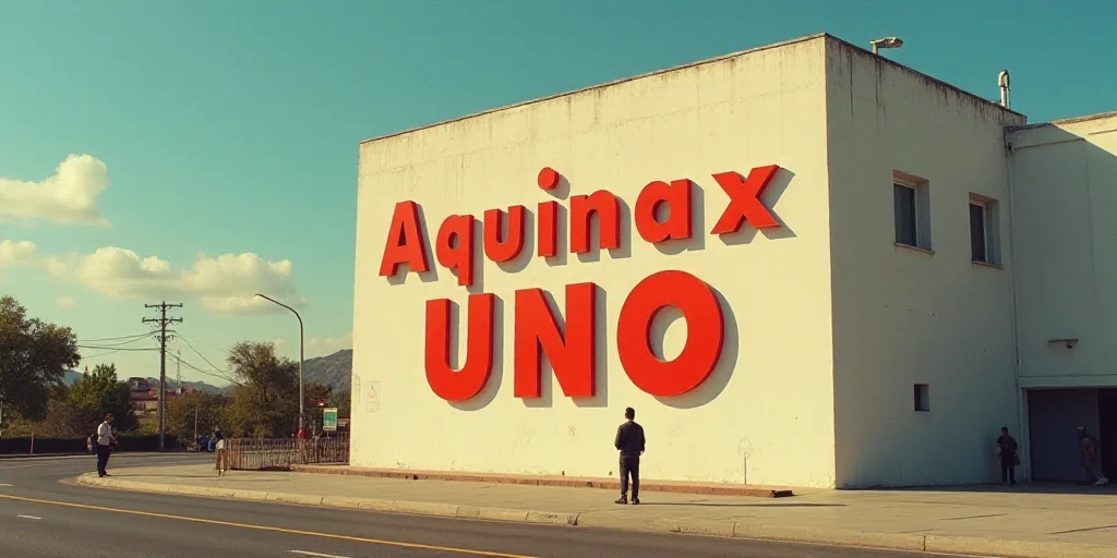 a big sign that is on the side of a building with people standing around it and a cell phone, Aquira
