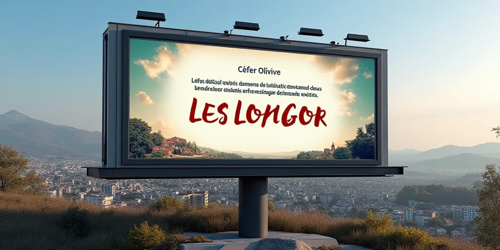 a billboard on a building advertising a company in french and english language, with a picture of a