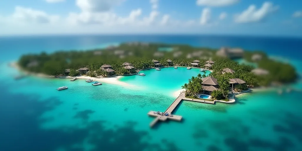 a bird's eye view of a resort and a lagoon in the middle of the ocean with a dock, Carl Hoppe, aeria