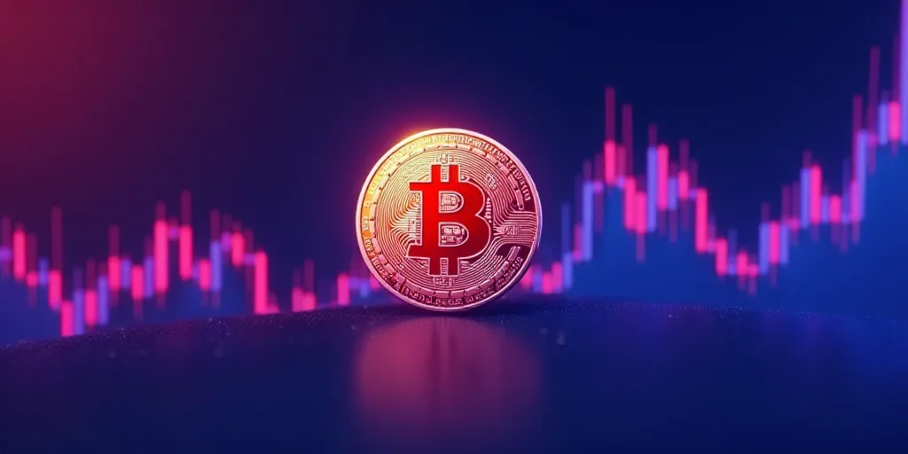 a bitcoin on a stock chart with a purple background and a blue and purple background with a line gra
